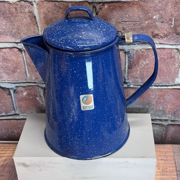 Vintage Cinsa Blue Speckled Enamelware Camping Percolator Coffee Pot Farmhouse - Picture 1 of 12